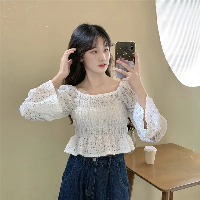 

vintage flare sleeve Women's Clothing spring autumn fashion brand Slim crop top square collar embroidery Shirts Female new