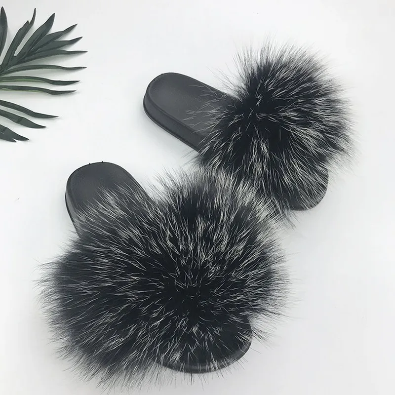 

2019 Newest Women Real Raccoon Fur Slippers Causal Shoes Summer Slides Fox Hair Furry Flip Flops Shoes Sandals Indoor Outdoor