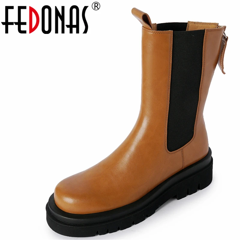 

FEDONAS Thick Heels Platforms Women Mid-Calf Boots Classic Back Zipper Genuine Leather Autumn Winter Concise Casual Shoes Woman