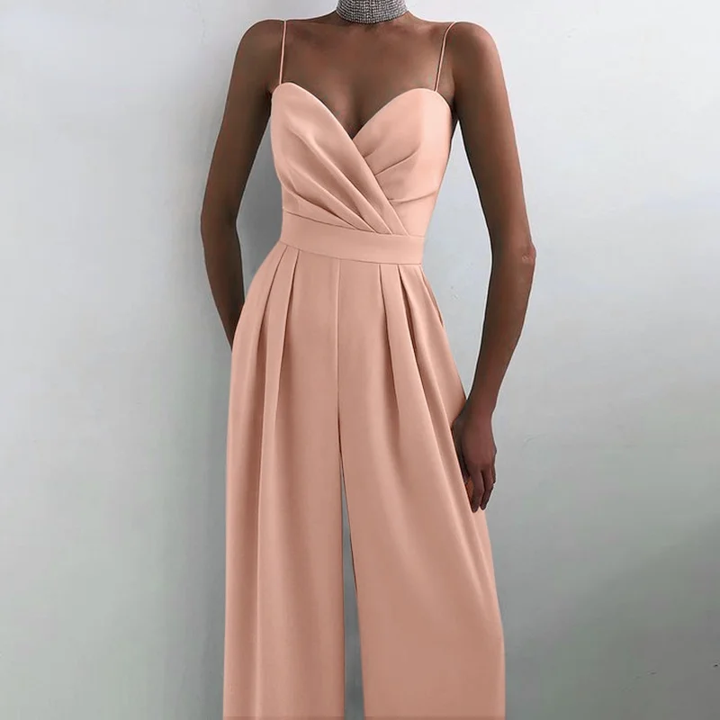 

Sexy Straps Sleeveless Jumpsuit 2021 Women Satin Backless Party Overalls Pleated Solid Long Rompers Casual Wide Leg Pants