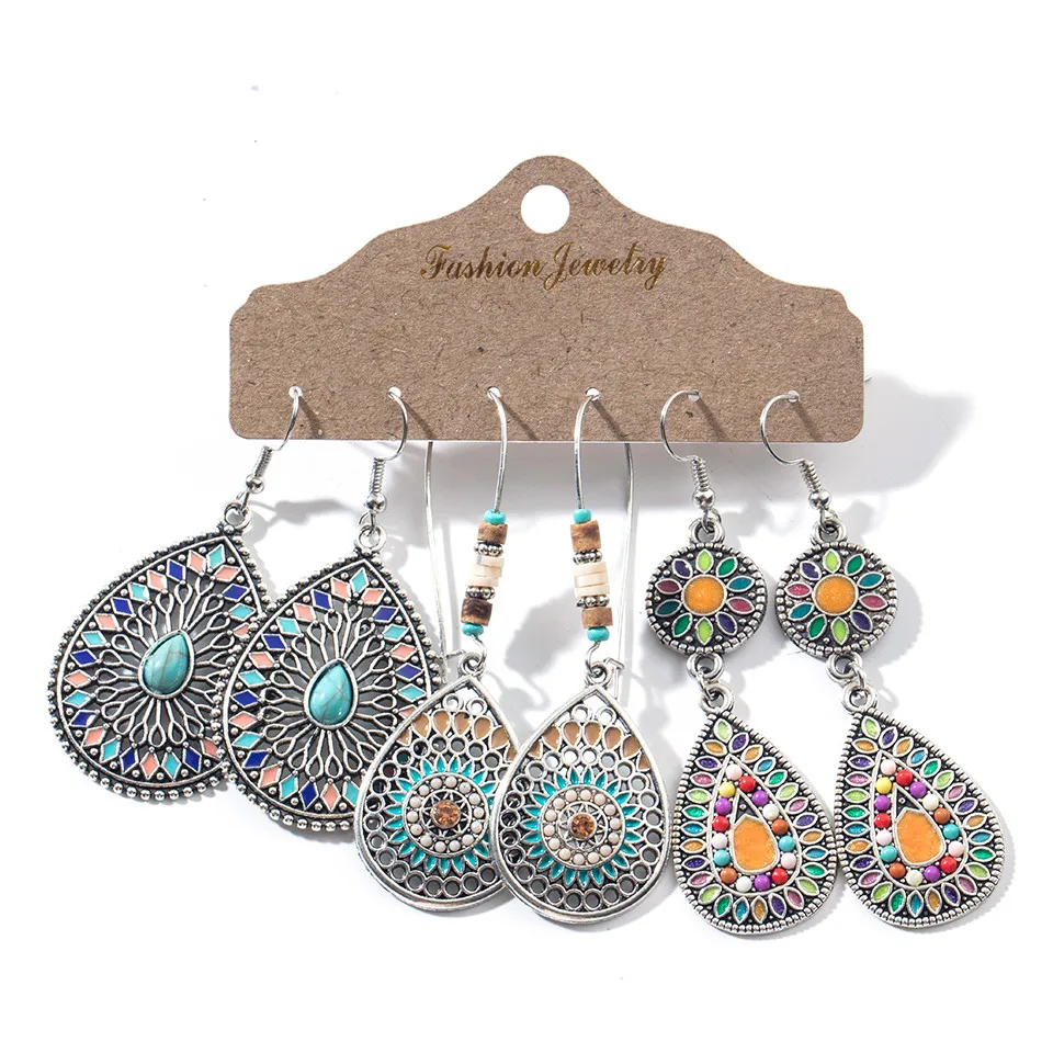 Set-15 Старинные Этнические 30 Большой Круглый Круг Бронзовые Серьги Набор Для Женщин Богемный Цветок Shell Деревянная Кисточка Геометрические Серьги Капли Воды Индийские Ювелирные Изделия 3 шт. / Компл. Подарки - Окраска металла: Set-15