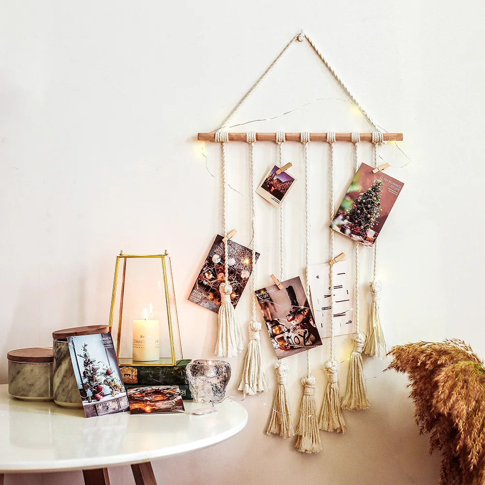 Macrame Woven Wall Hanging Boho Chic Bohemian Home Geometric Art Photos Tapestry Decor with Clips | Дом и сад