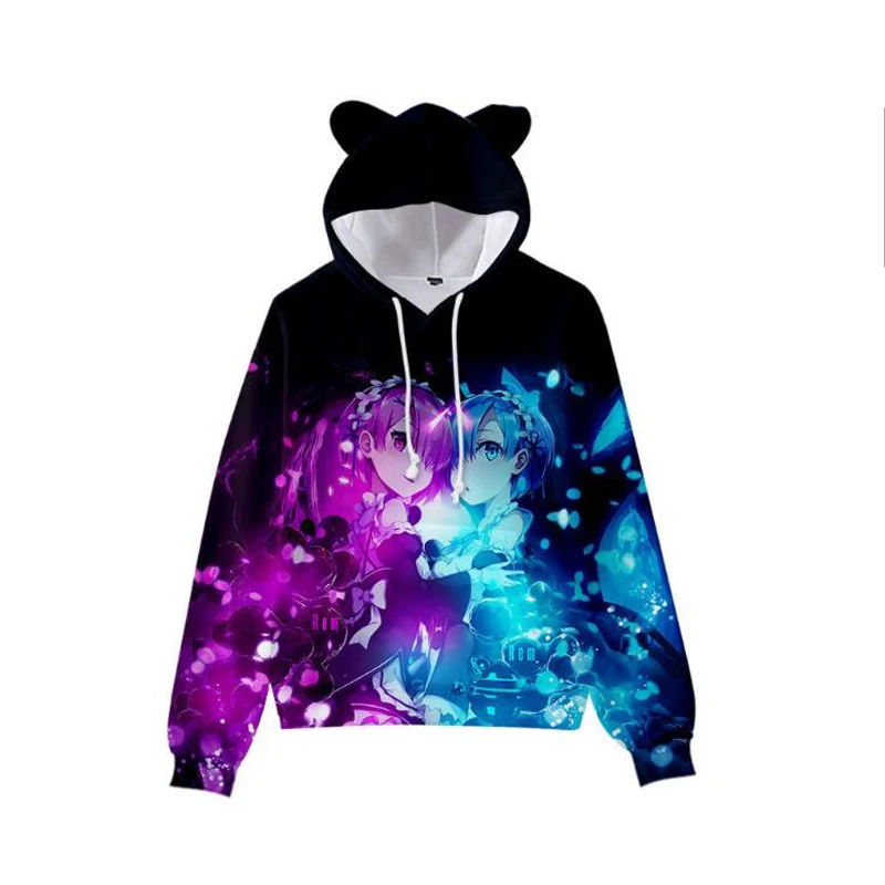 

Luxury Cat Ears 3D Print Hoodies Boys/Girls Life A Different World From Re Zero Rem Ram Sweatshirts Children Cute Hooded Tops