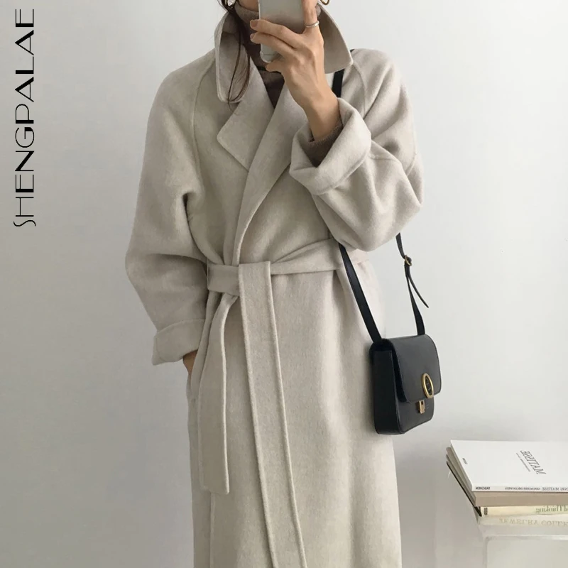 

SHENGPALAE Fashion Solid Color Woolen Coat Women's Winter 2021 New Chic Lapel Loose Belt Long Sleeve Overcoat Female Tide 5E5011