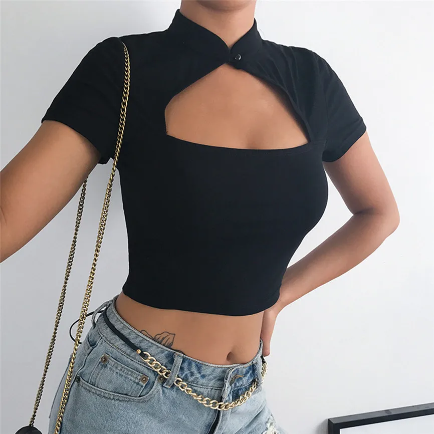 Сексуальный короткий рукав сплошной цвет вырез Кнопка пупок Топ женский