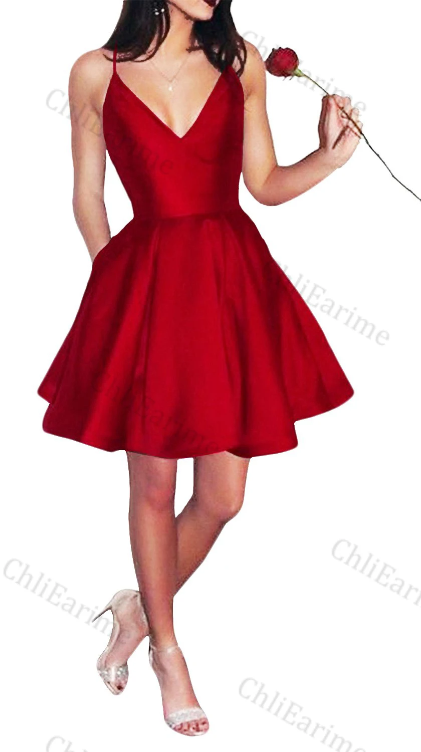 Women's Short Spaghetti Straps V-Neck A-Line Homecoming Dress With Pockets