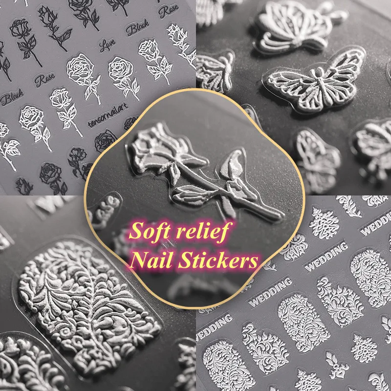 

1PC Flower Rose Pattern Embossed 5D Nail Stickers White Lace Floral Angel Wedding Nail Art Designs Slider Decoration Manicures