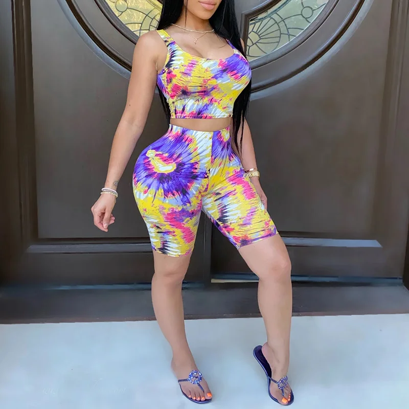 

Women 2PCS Sport Set, Tie Dyeing Pattern Sleeveless Crop Slim Top, High Waist Elastic Band Short Pants Set , Workout
