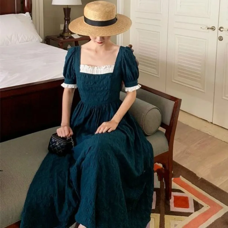 

Women Blue Dress French Retro Long Fairy Square Collar Female Puff Sleeve Elegant Dress 2021 Summer Ladies Wedding Party Clothes