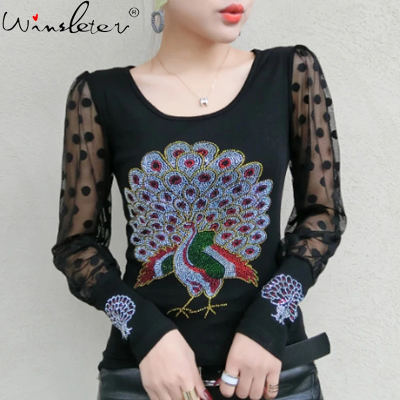 Black Peacock Rhinestone Crystal Cotton T Shirts Women Autumn Long Sleeve Streetwear Fashion Tops Tee Slim Fit Tshirt T07916B | Женская
