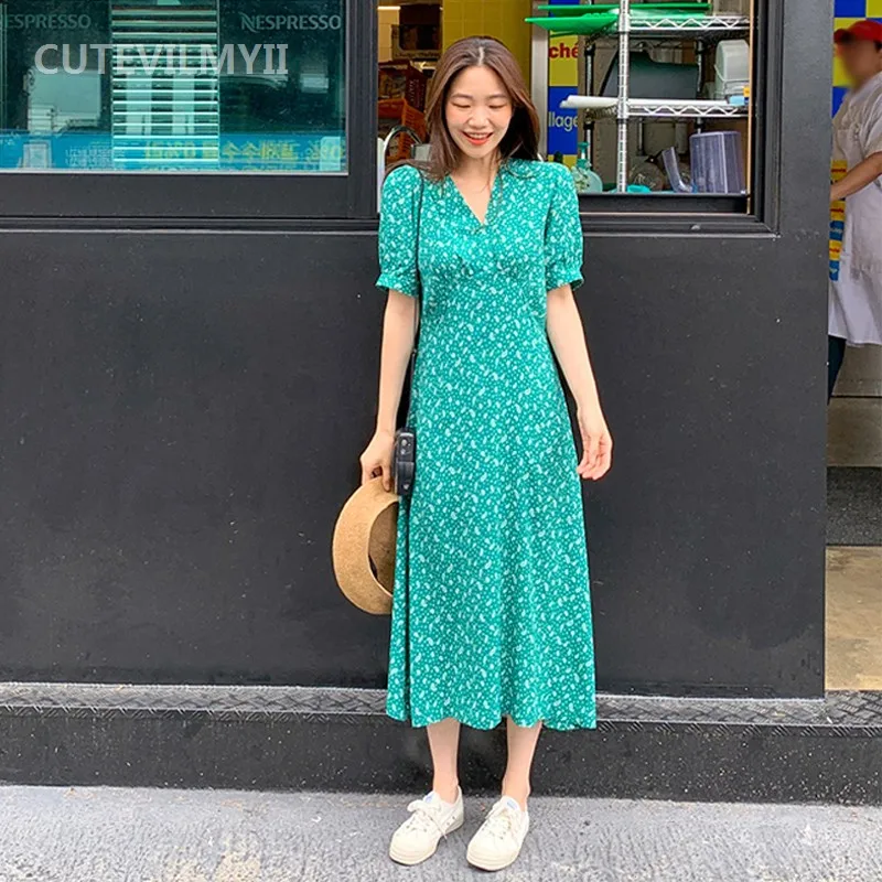Женское винтажное платье с коротким рукавом повседневное свободное зеленое до
