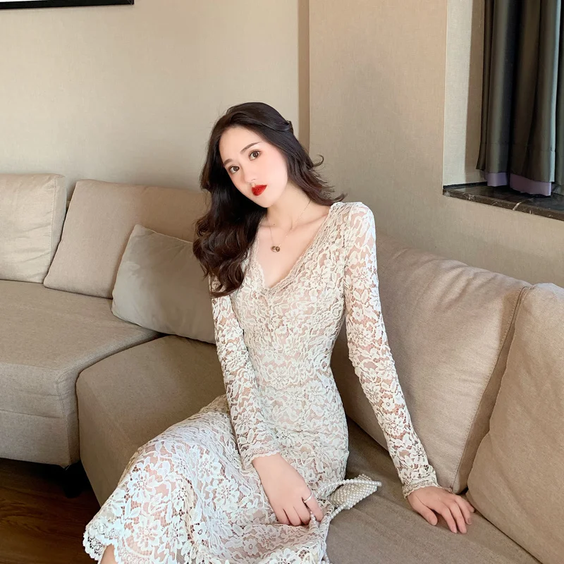 Французское платье миди с длинным рукавом пикантное кружевное женское