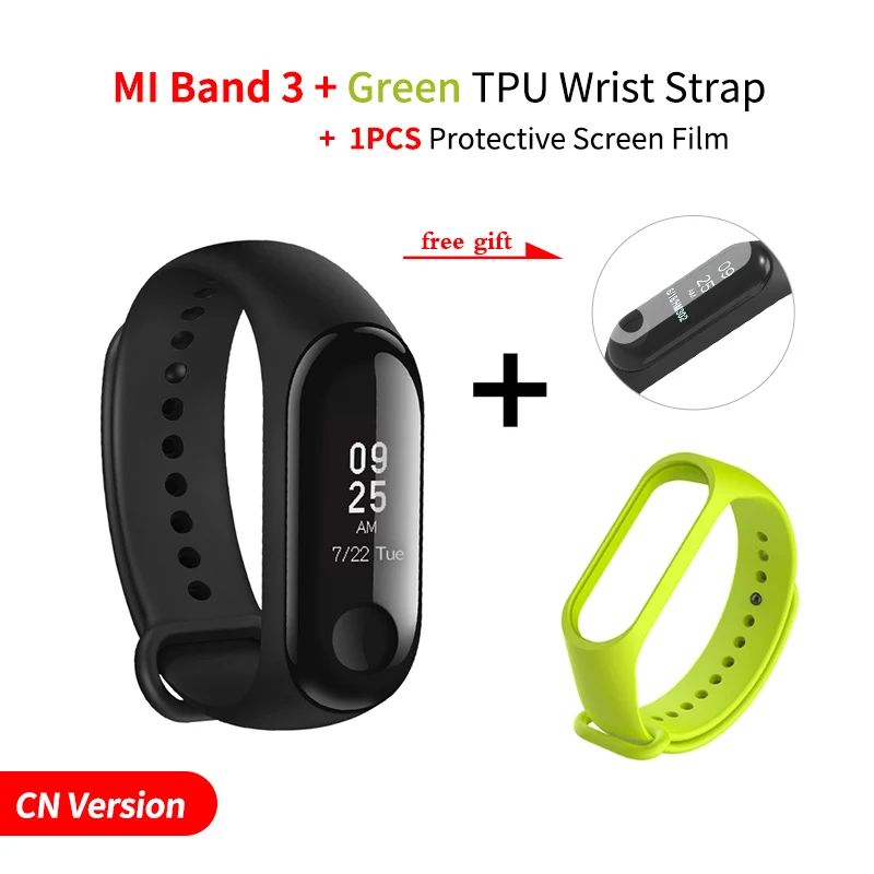 Add Green Strap Xiaomi Mi-браслет 3, умный Браслет, фитнес-браслет, сенсорный экран, OLED, частота сердечных сокращений, смарт-браслет, глобальная версия - Цвет: Add Green Strap