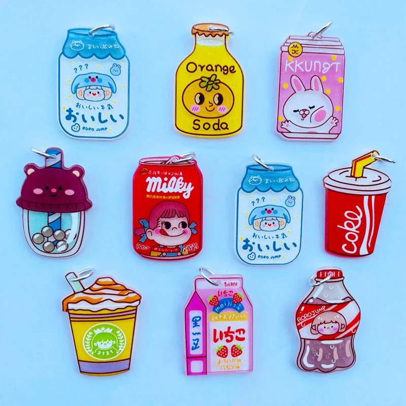

10Pcs Cute Cartoon Bright Beverage Bottle, Milk Tea Series Acrylic Pendant Key Chain Necklace DIY Decoration Accessories A33