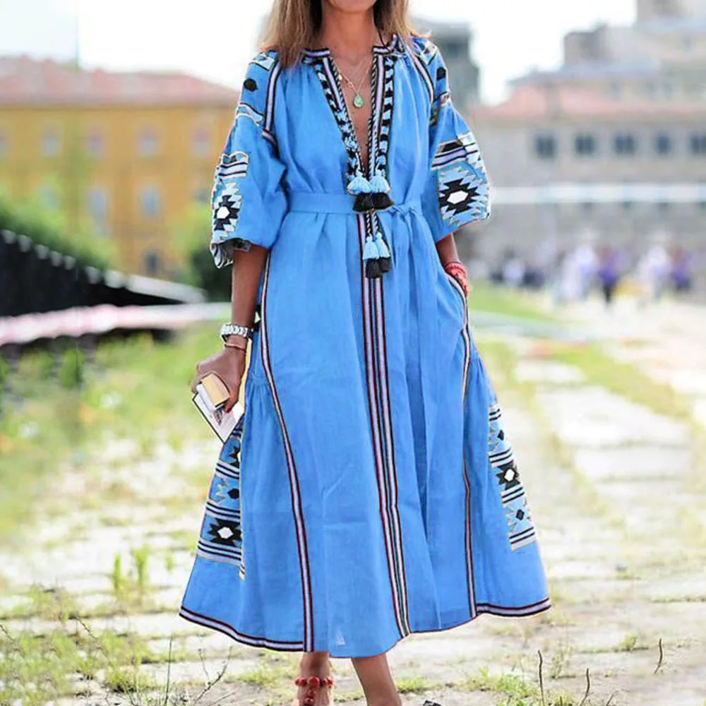 

Spring Summer 2021 Western Style Fashion Printing Printing Women's Dress Loose Casual Bandage V-neck 7-point Sleeve