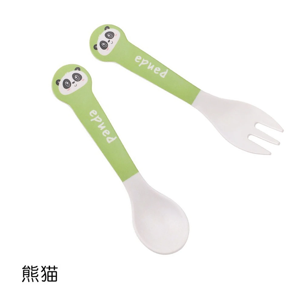 2 Pcs Cute Cartoon Pattern Bamboo Fiber Dinner Fork Spoon Set Children's Baby Kids Food Picks Solid Feeding Tableware Cutlery | Дом и сад