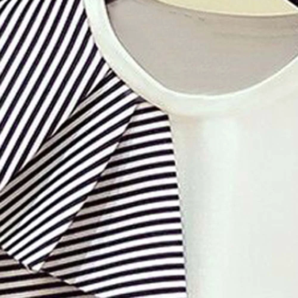 

T-Shirt 2021 Early Spring New Fashion Irregular Stripe Stitching Ruffled Fake Two-piece Tops Asymmetrical Strapless Tee Japanese