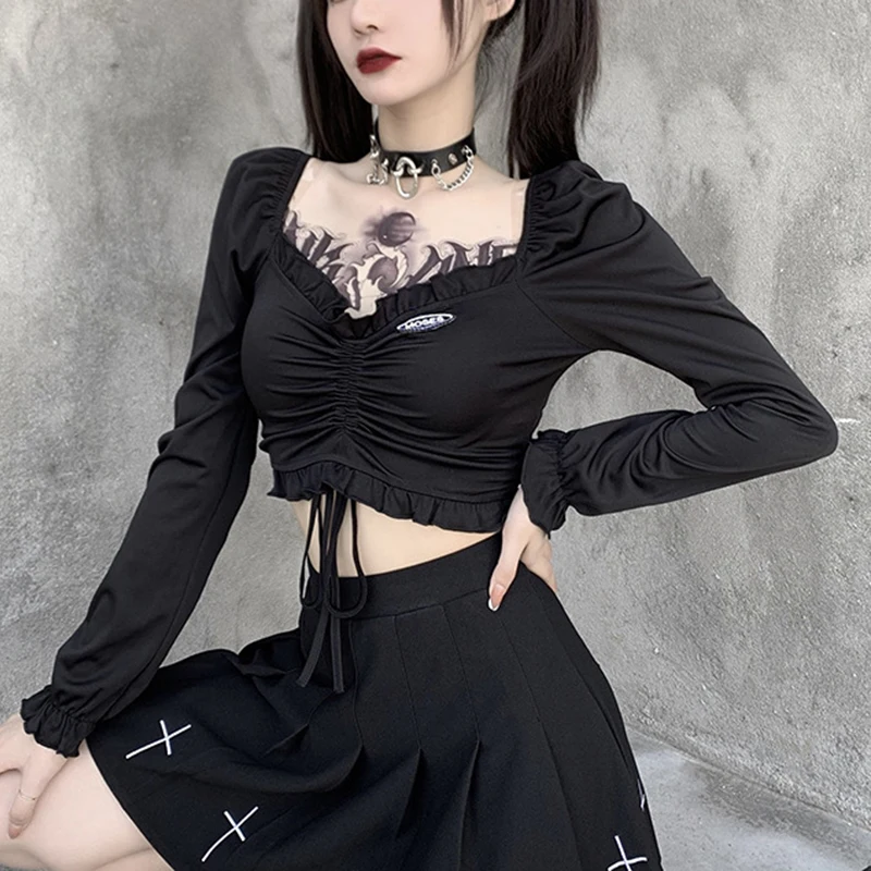 

Fall Winter New Gothic Women's Retro Sexy Tops Flared Sleeves V-Neck Long Sleeves T-Shirts Women's Party Club Streetwear Black