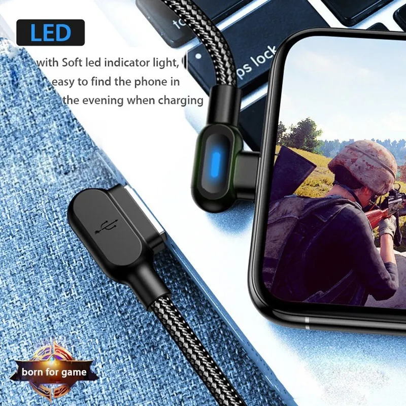 90 Degree Elbow With Light LED Micro USB Type C Cable Fast Charging For iphone 12 Pro Samsung Xiaomi Huawei Charger Data Cables