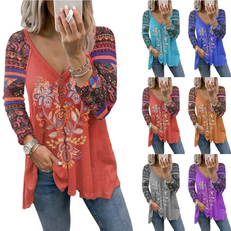 

Women Shirts Long Sleeve Printed Flowers Loose Ladies V Neck Baggy Casual T-Shirt Fashion 2021 Autumn Ladies Clothing Tops