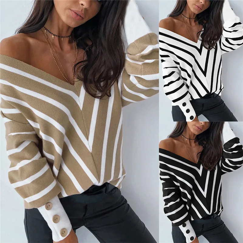 

2020 New Women Fashion Off Shoulder Knitted Sweater Sexy V Neck Long Sleeve Striped Loose Pullover Spring Autumn Sweater