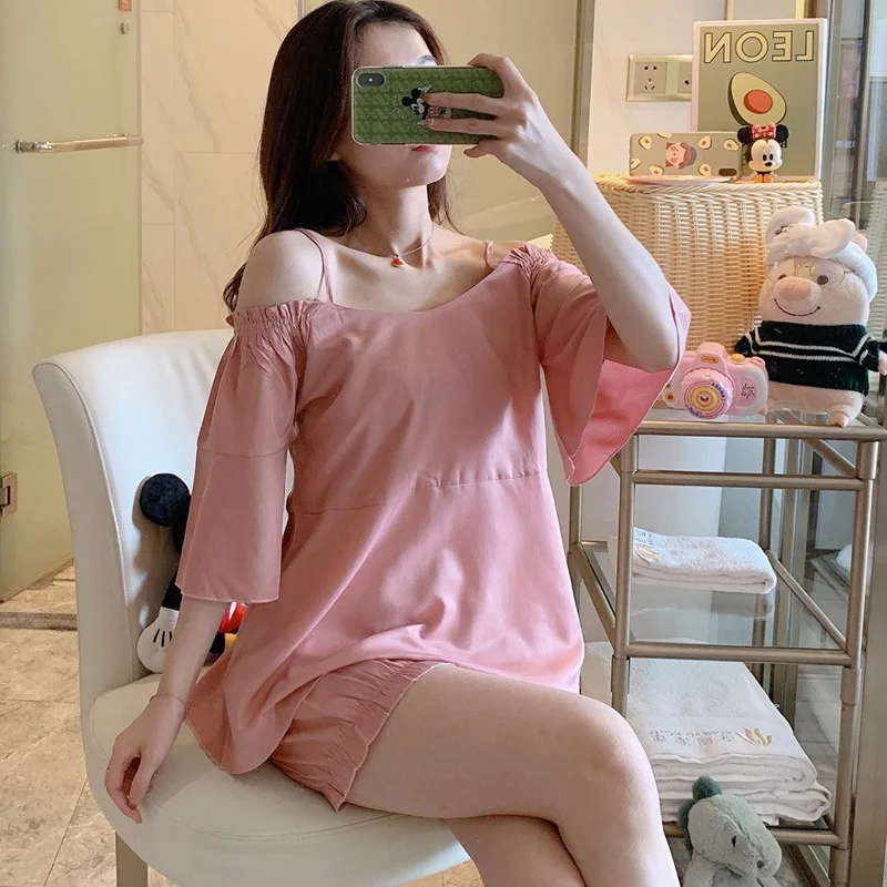 2021 Summer New Pajamas Sets Women's Short Sleeve Cotton Nightgown & Sleepstirts Thin 2Pcs Suit Off Shoulder Home Wear Sleepwear