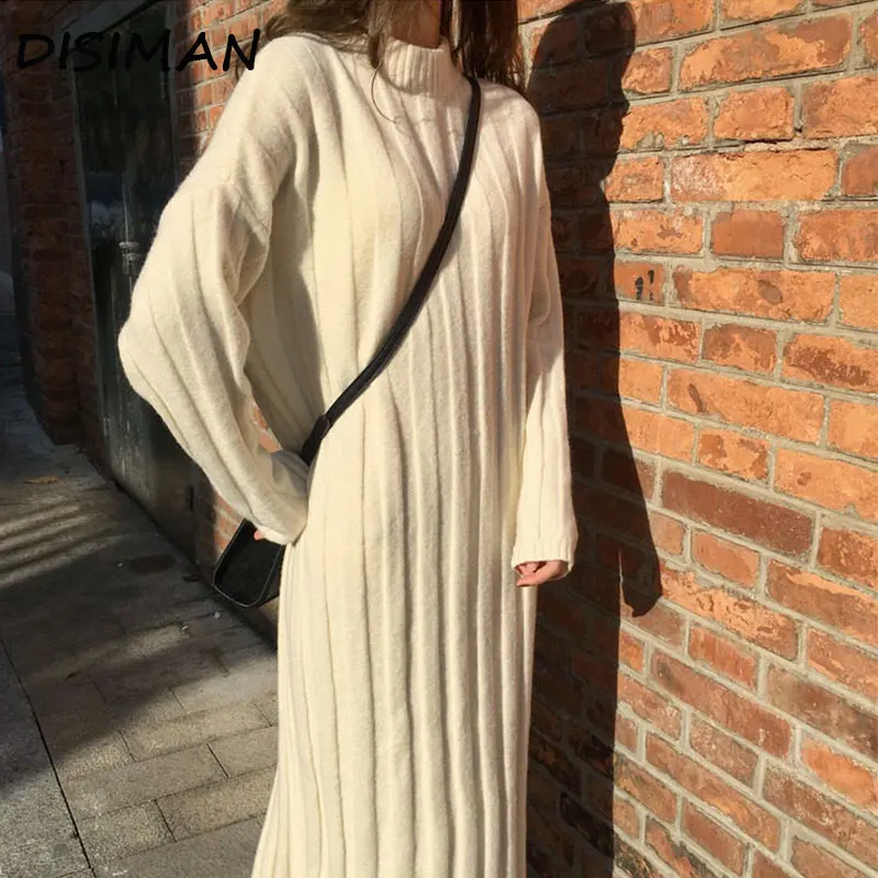 Осень Зима 2019 корейский стиль женский свитер с длинным рукавом платье размера