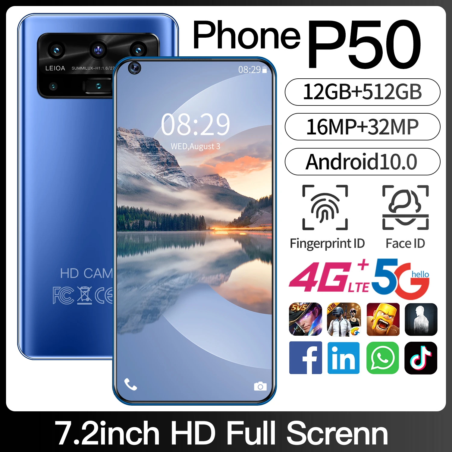 

Hot Sell Global Version P50 7.2 " Smartphone Full Screen 5800mAh 12+512GB Face Unlock Fingerprint ID 4G 5G Android Mobilephone
