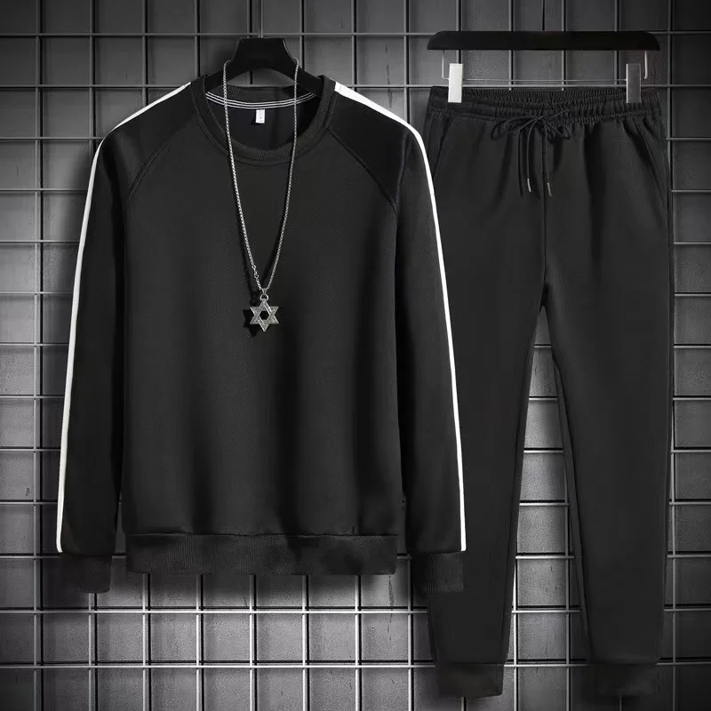 

Casual sports suit men's round neck long-sleeved sweater trousers two-piece loose solid color fashion handsome men's clothing
