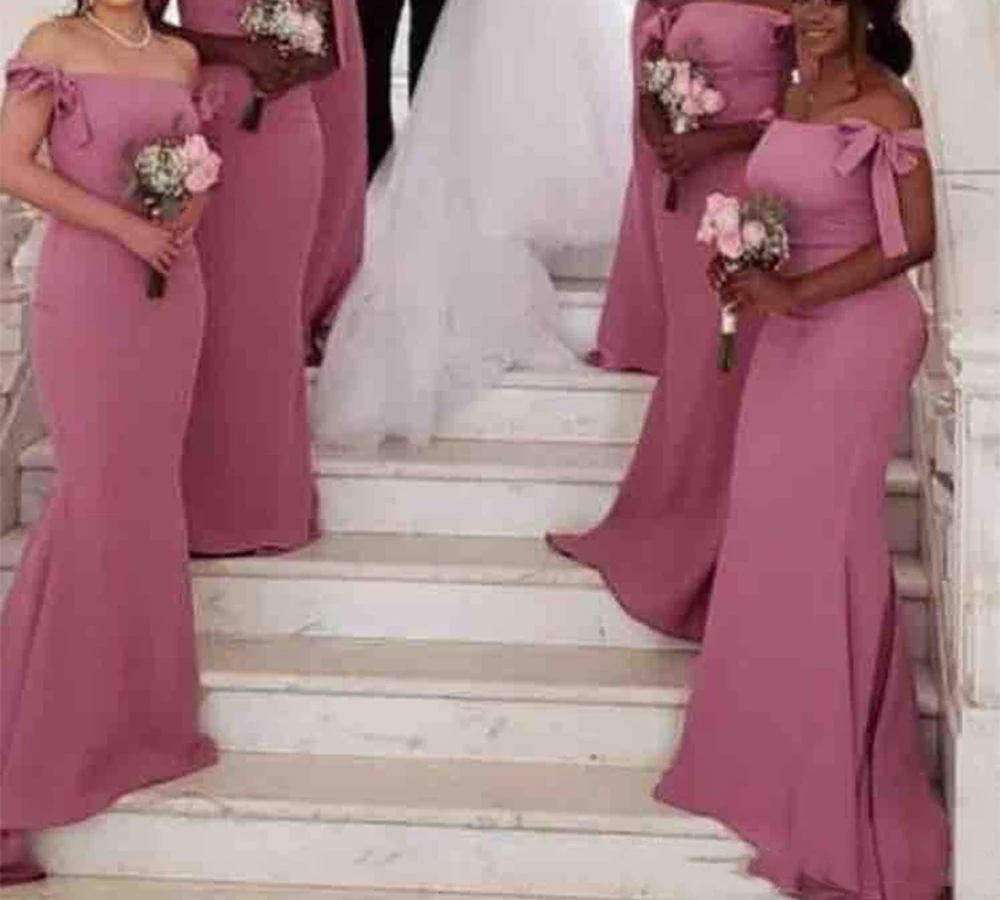 

Off the shoulder Floor Length Court train Bows Chiffon Custom Made Bridesmaid Dresses