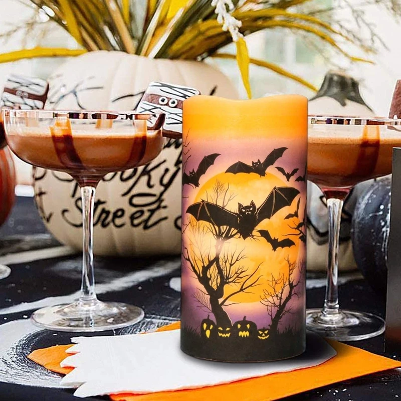 

3pcs Flameless Flickering Candles Battery Operated LED Pillar Light Halloween Castle Witch Bats Decoration Bar Party Props