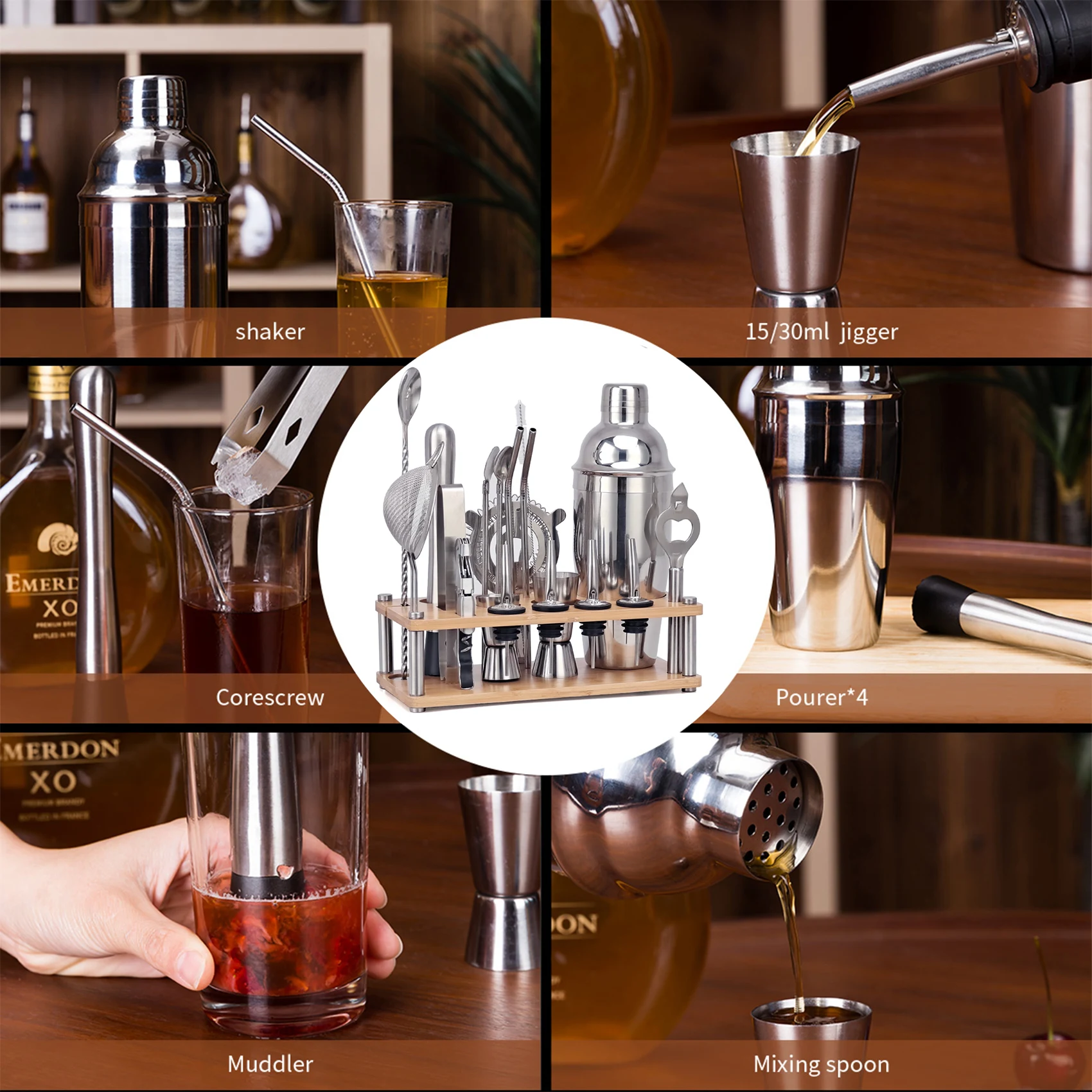Набор бармена набор из 20 коктейльных шейкеров со съемной бамбуковой подставкой
