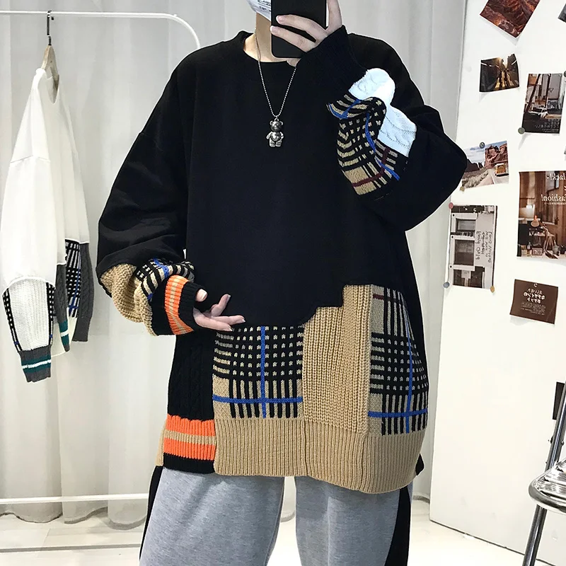 

Spring and autumn sweater men's trend Korean loose handsome stitching round neck jacket Hong Kong style casual student versatile