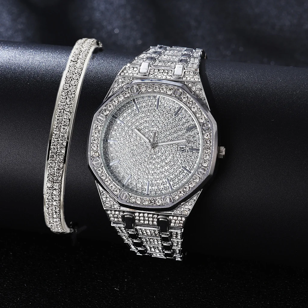 2021 Watch + Bangle for Women Charm Bracelet Iced Out Watch for Women Fashion Luxury Sliver Watch Set Jewelry Reloj Mujer