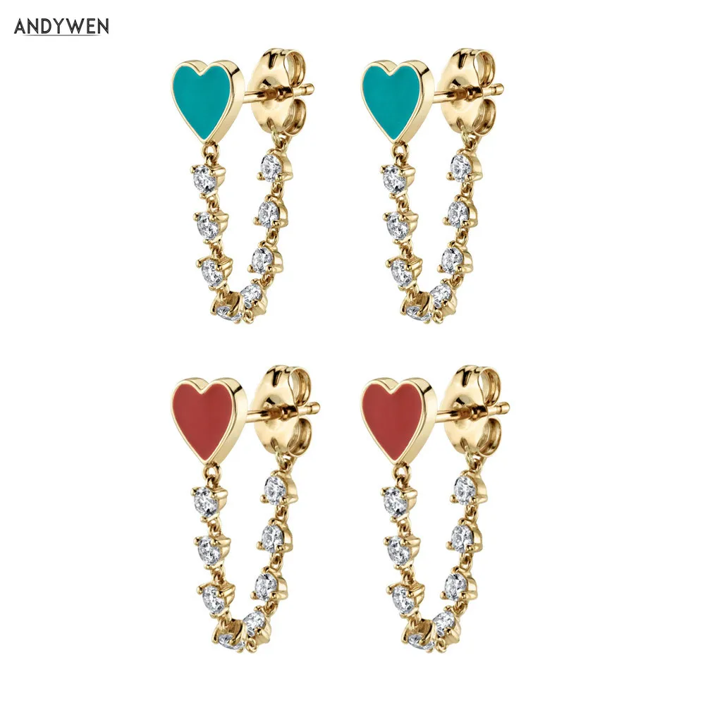 

Женские серьги-гвоздики ANDYWEN, из серебра 925 пробы, с эмалью, с красными цепочками, Молодежные украшения
