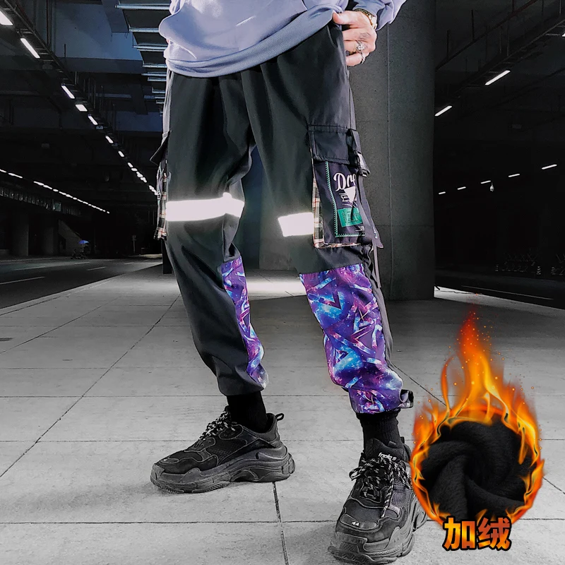 Мужские бархатные брюки-карго толстые в стиле хип-хоп уличная одежда пэчворк