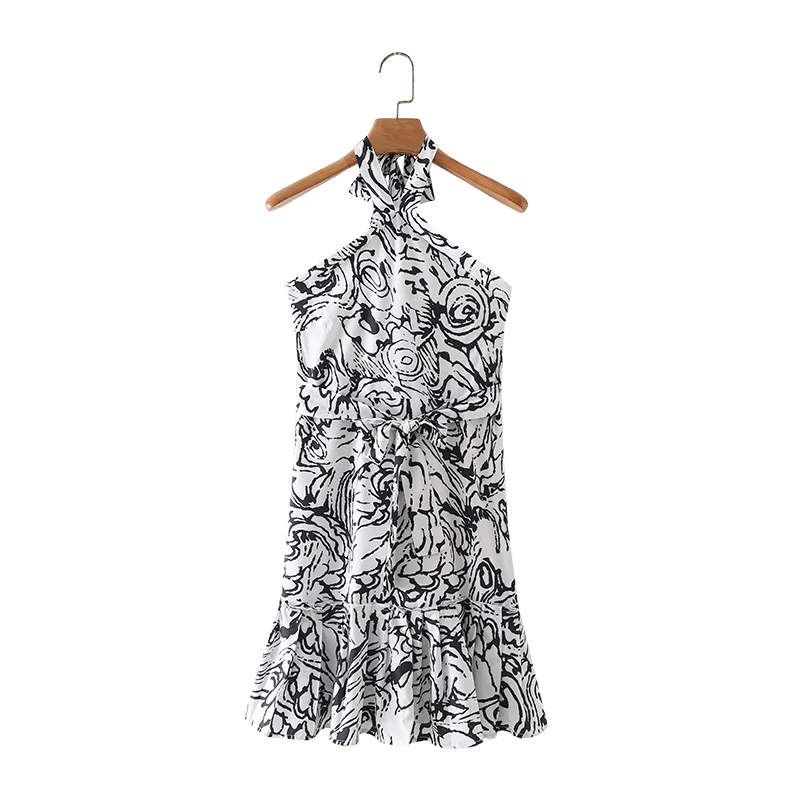

Summer Women Vintage Printing Halter Mini Dress Female Sleeveless Clothes Casual Lady Loose Vestido D7790