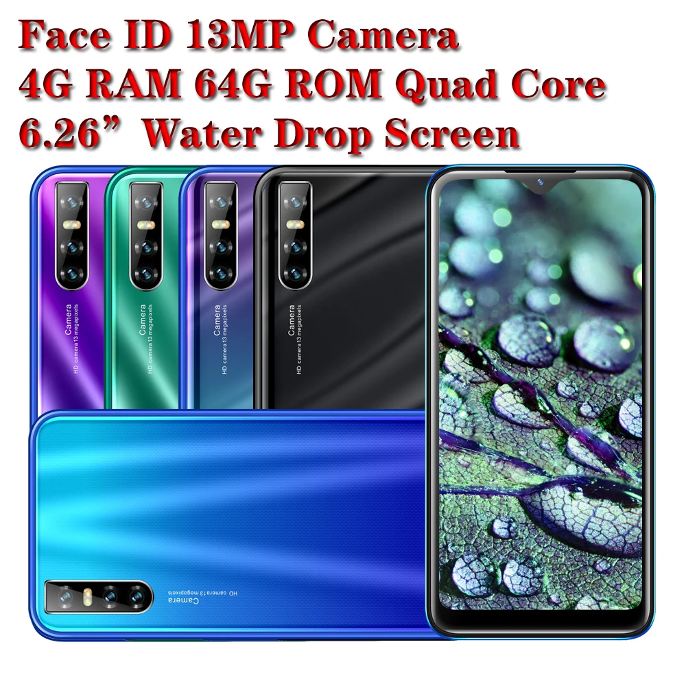 

Face ID unlocked 7A quad core 4GB RAM 64GB ROM 13MP Water drop screen smartphones 6.26inch Android mobile phones celulares wifi