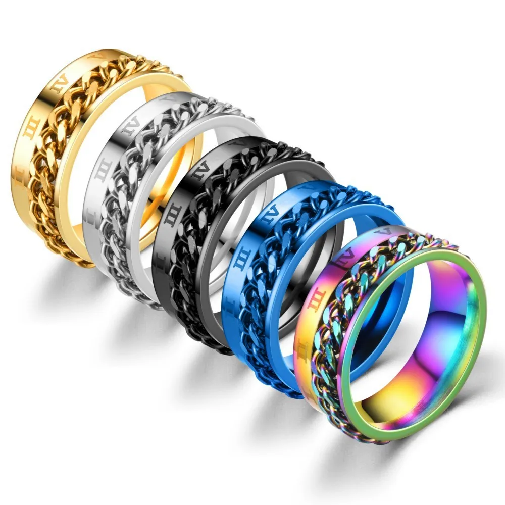 

Stainless Steel Spinner Chain Rings for Men Rotatable Links Roman Numbers Ring Male Punk Beer Bottle Opener Chain Rings Jewelry