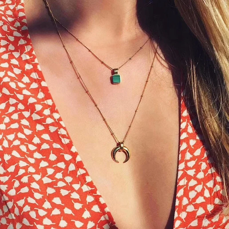 

Titanium With 18K Gold Natural Green Stone Geo Necklaces Women Jewelry Punk Party Designer Club T Show Korea Japan