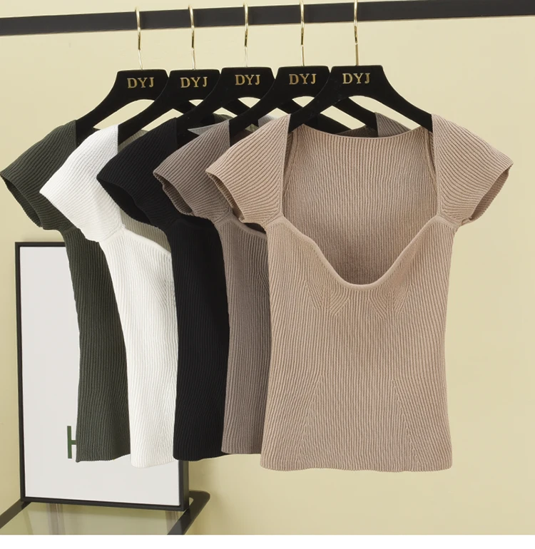 

Women V-Neck Knitted Short Sleeve Draw String T-Shirts Crop Tops Girls Knitting Stretchy Cropped Sheath Tee Shirts For Female