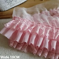 10cm wide three layers pink 3d pleated chiffon lace embroidered fringe ribbon dress collar ruffle trim diy apparel sewing decor