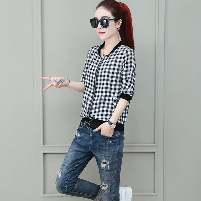 

Lucyever Plus Size Women Short Jacket Fashion Plaid Autumn Zipper Baseball Uniform Thin Coat Casual Long Sleeve Female Clothes