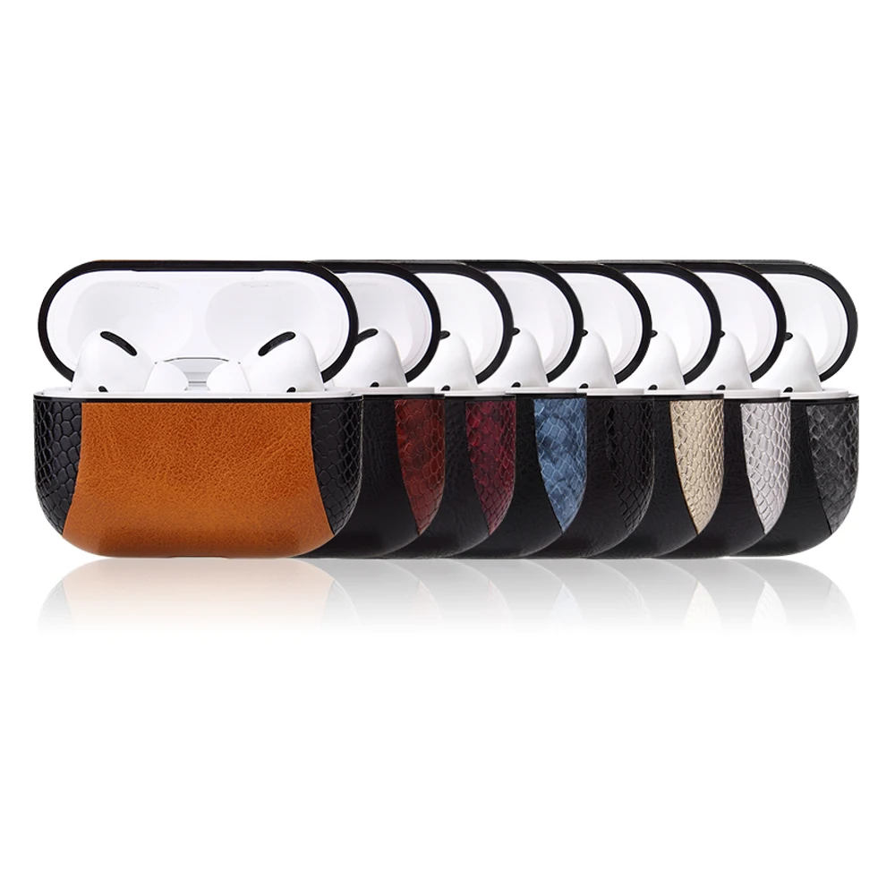 

case For Air Pods Pro Case PU Leather Snake Texture Bluetooth EarPhone Cover Case for Airpods Pro Skin WIth Earhook