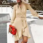 2021 элегантные атласные мини-платья Celmia женские модные однотонные Сарафаны с оборками на Подоле с поясом и V-образным вырезом с длинным рукавом и высокой талией Vestidos