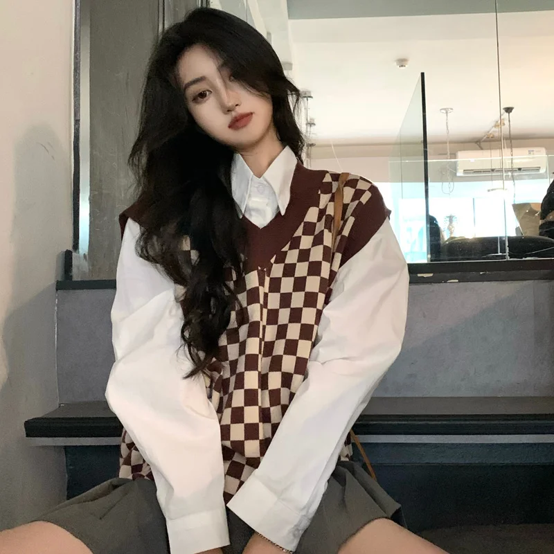 

Real Shot Autumn and Winter Chessboard Plaid Vest V-neck