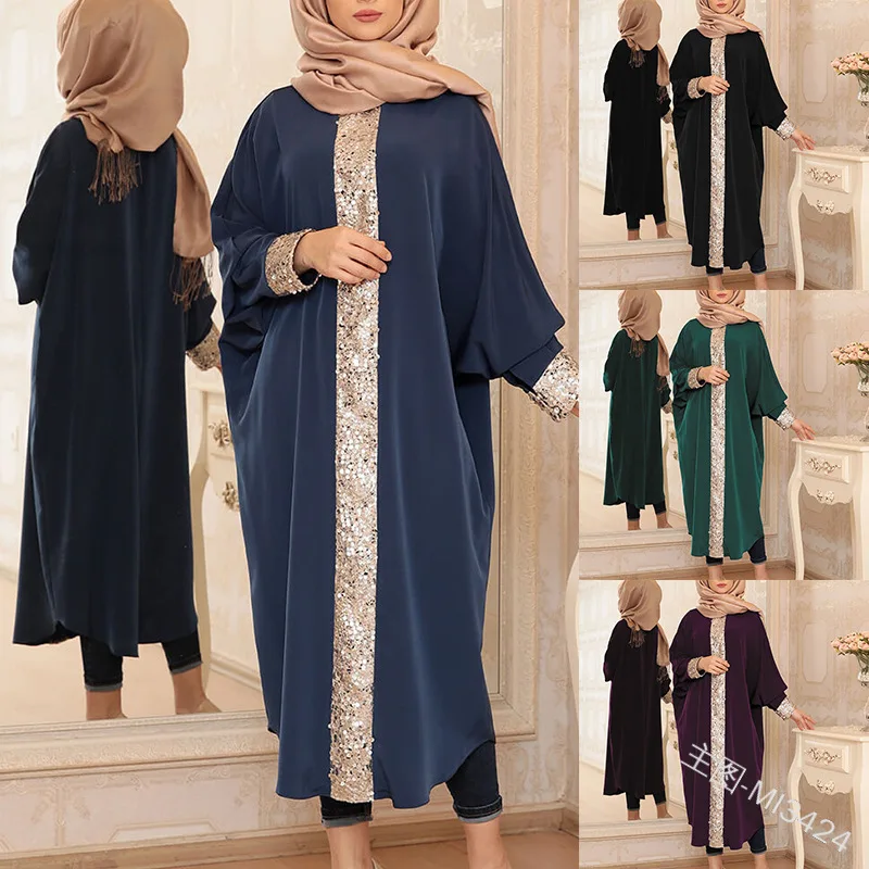 

Muslim Sequins Abaya Bat Sleeve Maxi Dress Vestidos Cardigan Kimono Long Robe Gowns Jubah Middle East Eid Ramadan Dubai Islamic