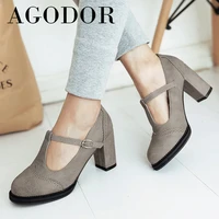 agodor t strap high heels women shoes platform thick heel dress pumps buckle round toeladies footwear spring brown big size 43