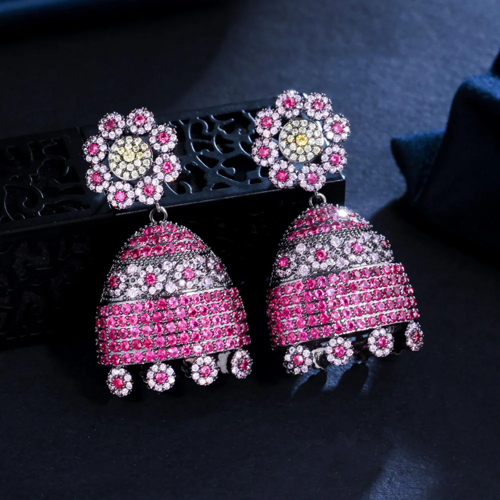 

CWWZircons Micro Pave Cubic Zirconia Stone Cluster Flower Luxury Geometric Wedding Party Earrings for Women Ethnic Jewelry CZ007