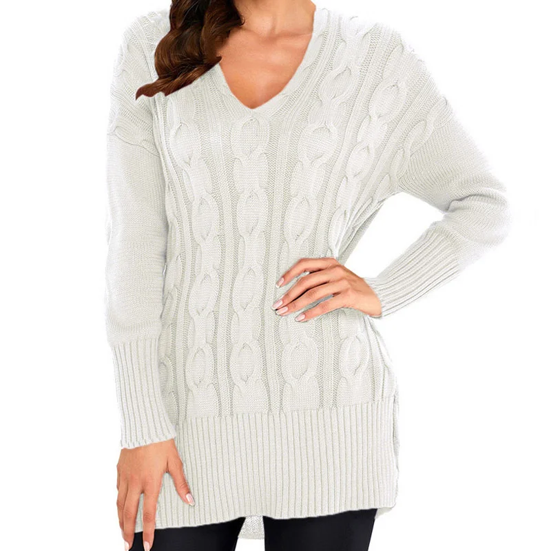 

Autumn and winter new sweater Pullover V-neck medium length sweater women's lazy sweater